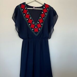 Alya Navy Dress with Red and White Floral Design